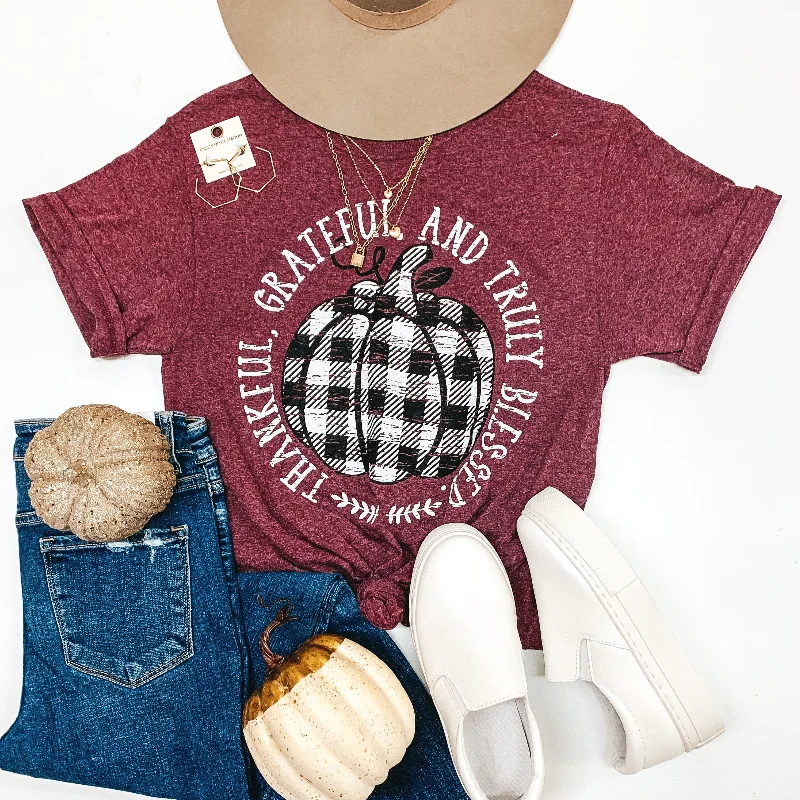 Thankful, Grateful, and Truly Blessed Short Sleeve Graphic Tee in Heather Maroon