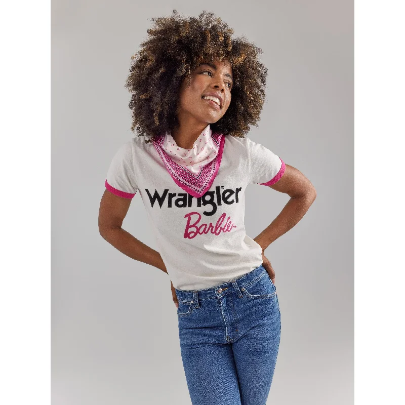 Wrangler Women's Barbie Logo Worn White Slim Ringer Tee