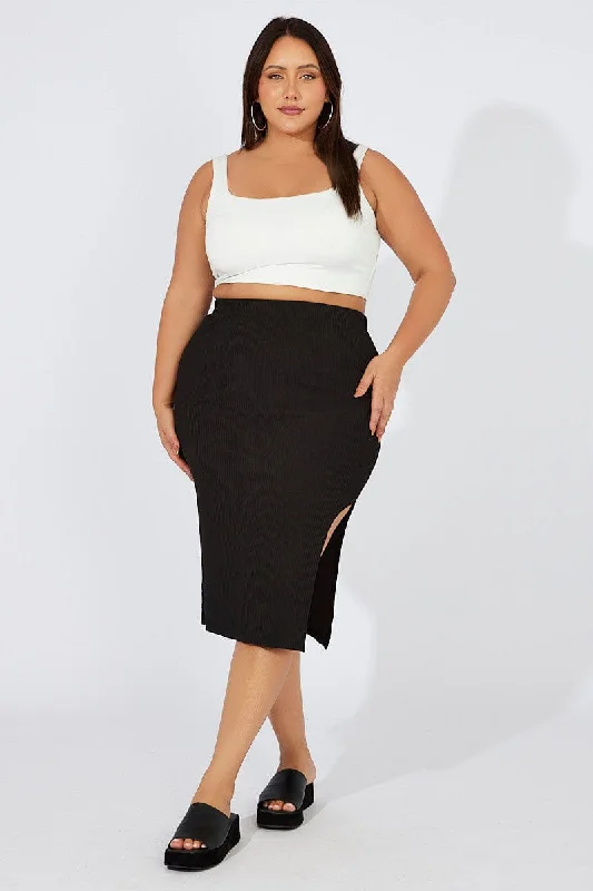 Black Midi Skirt Textured Rib Bodycon