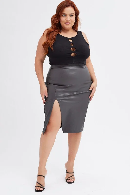 Grey Split Skirt Midi Faux Leather