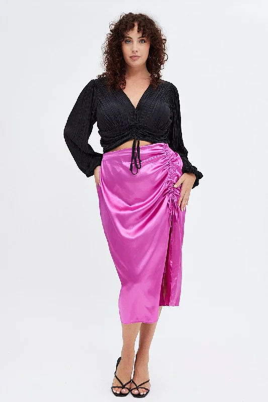 Pink Midi Skirt Drawstring Satin Split