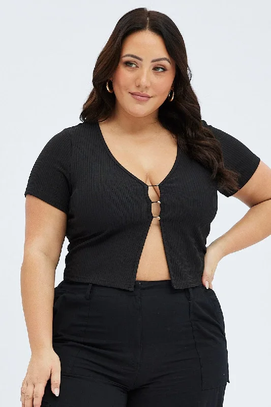 Black Button Top Short Sleeve Textured Rib