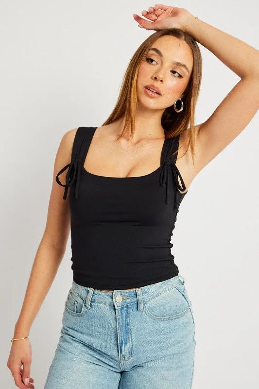 Black Crop Top Square Neck With Ribbons