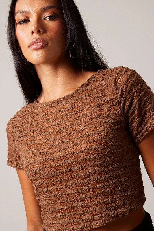 Brown Crop Top Short Sleeve Textured