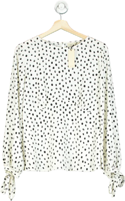 Oasis Ivory Polka Dot Printed Tie Cuff Top UK 12