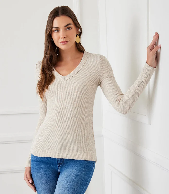 Ribbed Long Sleeve V-neck Top