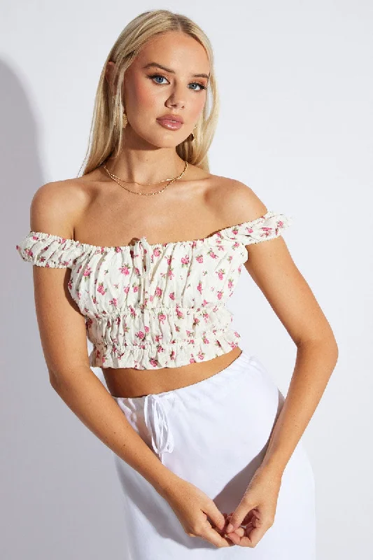 White Ditsy Crop Top Short Sleeve