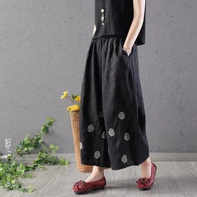 Loose elastic waist Vintage Black Cotton Linen Embroidery Ankle-Length Pants