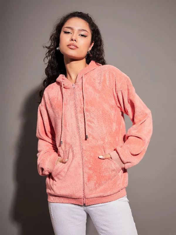 Women Peach Fur Hooded Jacket