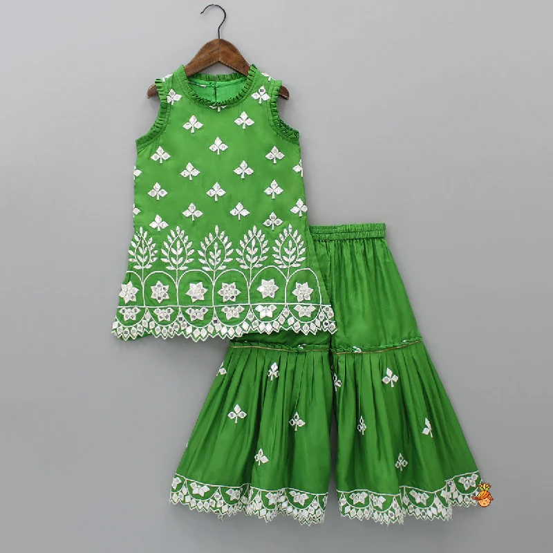 Beautiful Faux Mirror Work Green Kurti And Pleated Sharara