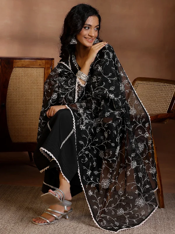 Black Yoke Design Silk Blend Straight Suit With Dupatta