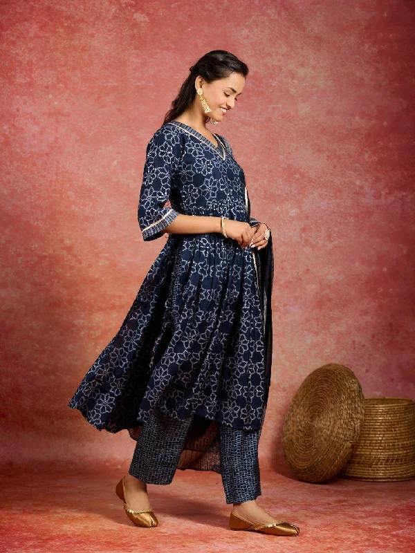 Blue Printed Silk Blend A-Line Kurta With Trousers & Dupatta