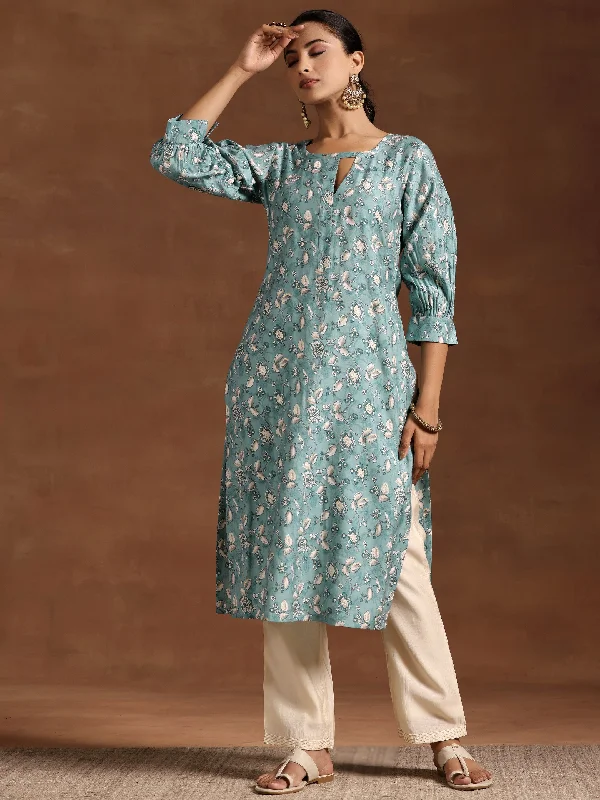 Blue Printed Silk Straight Kurta