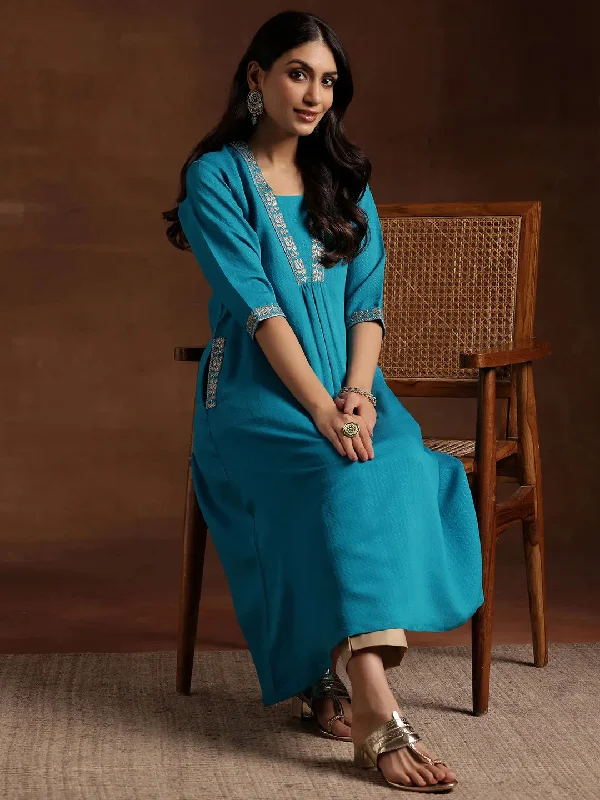 Blue Yoke Design Silk A-Line Kurta