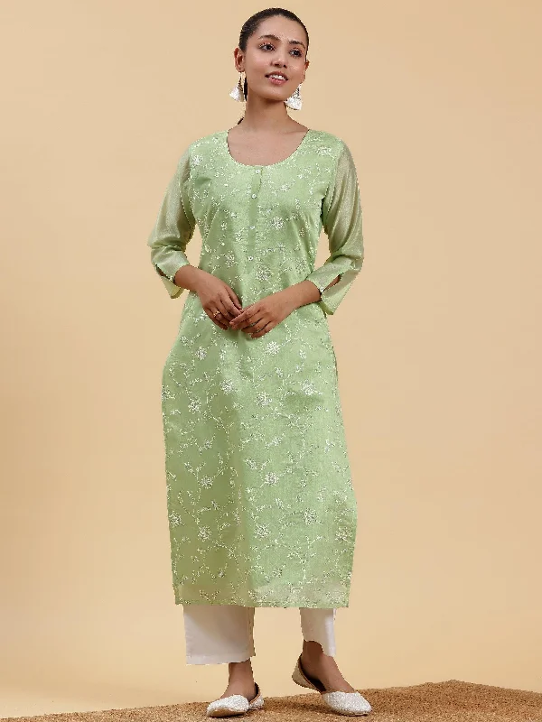 Green Embroidered Chanderi Silk Straight Kurta