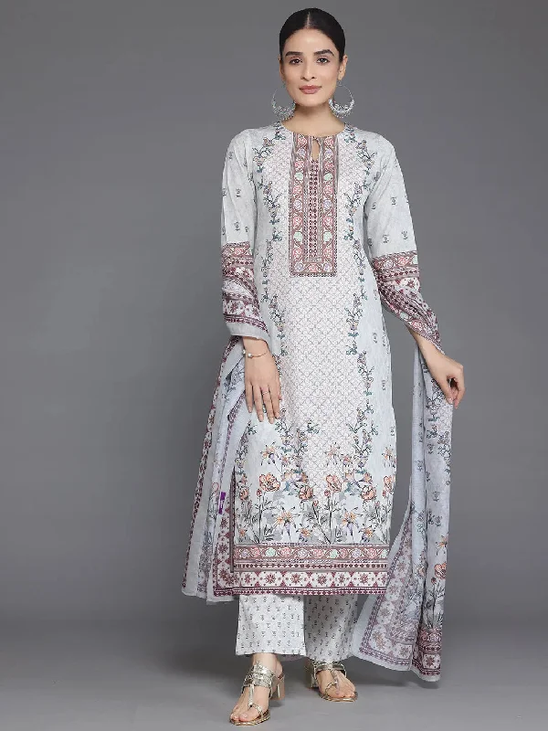 Grey Printed Poly Crepe Straight Suit With Dupatta