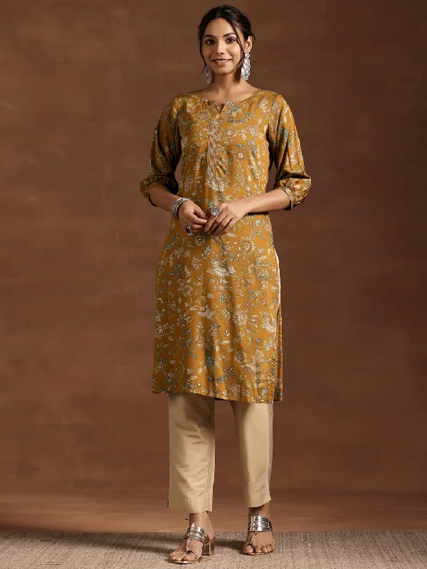 Mustard Printed Silk Straight Kurta