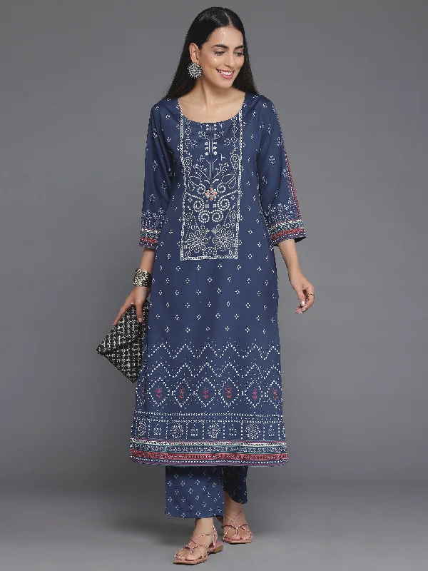 Blue Printed Poly Crepe Straight Kurta Set