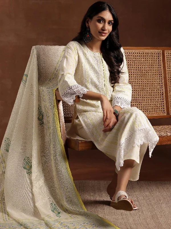 Off White Embroidered Cotton Blend Straight Suit With Dupatta