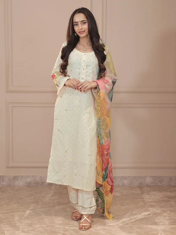 Off white Printed Cotton Straight Suit With Dupatta