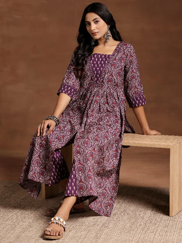 Purple Printed Cotton A-Line Kurta With Palazzos