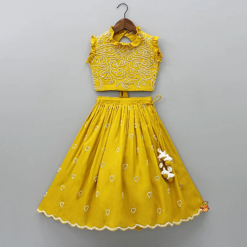 Ruffle Neckline Mustard Top And Lehenga