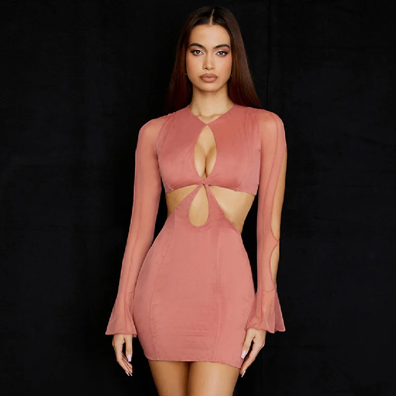 BerryBetty - Round Neck Long Sleeve Cut Out Bodycon Mini Dress - Coral Pink