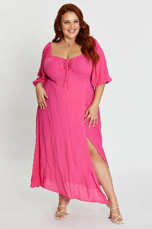 Hot Pink Maxi Dress Scoop Neck Short Sleeve Front Split