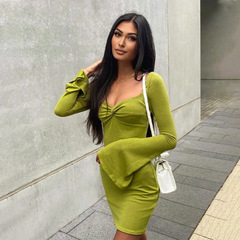 BerryBetty - Long Sleeve Bodycon Mini Dress - Green