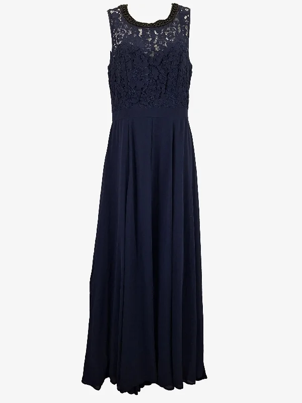 Review Evening Lace Navy Maxi Dress Size 10