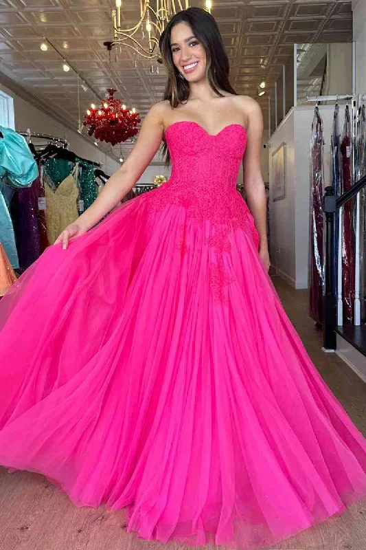 2025 A-Line Hot Pink Prom Dresses Long Evening Dress Sweetheart with Appliques