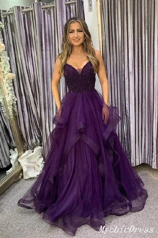 A Line Purple Tiered Prom Dresses Sequin V Neck Tulle Evening Dress UK