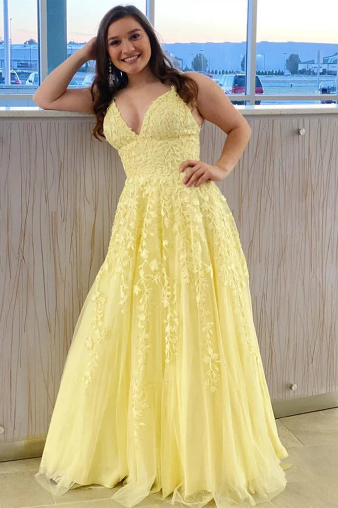 A Line Yellow Long Prom Dresses Lace Formal Evening Dress UK