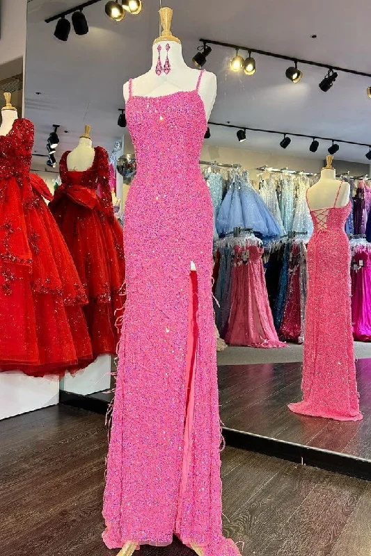 2025 Cheap Long Sequins Prom Dress Hot Pink Evening Dress with Feathers