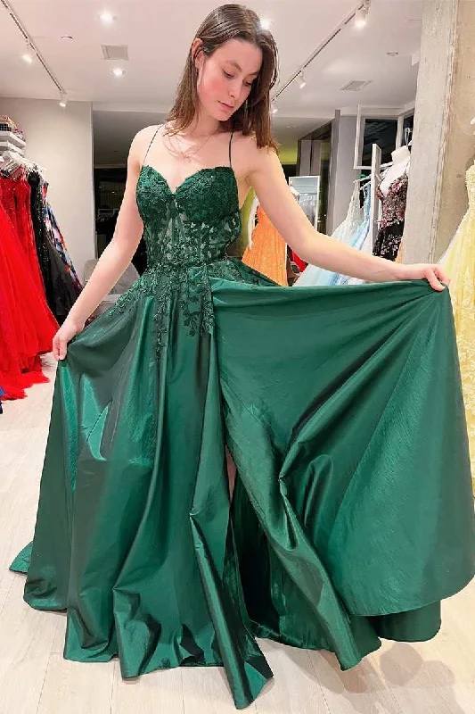 Emerald Green Prom Dresses A-Line Lace Satin Evening Dress UK Graduation Dress