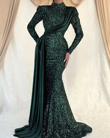 Emerald Green Sequin Evening Dress Long Sleeve Mermaid Prom Dress