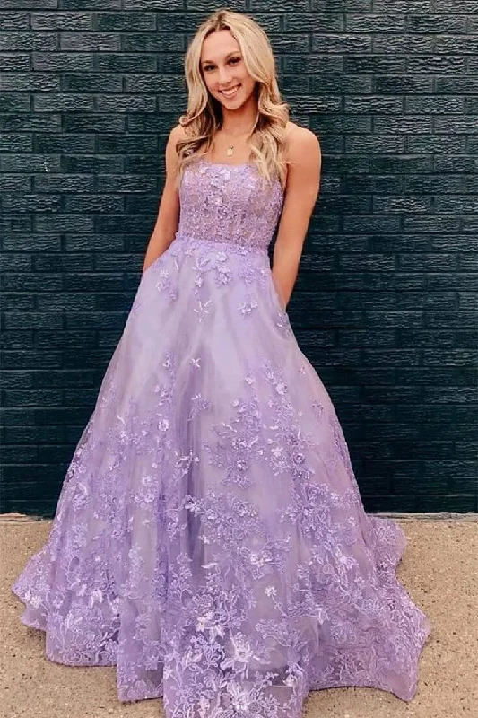 Floral Long Violet Purple Lace Prom Dresses Lilac 2024 Formal Evening Dresses Pockets