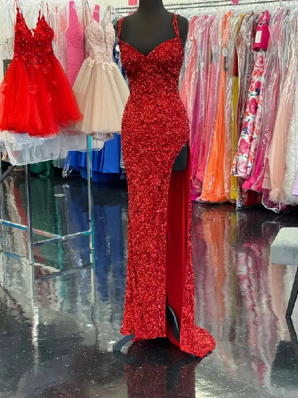 2025 High Slit Sequin Red Prom Dresses Long V Neckline Mermaid Evening Dress