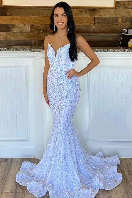 Iridescent Sequins V Neck Long Evening Dress UK Mermaid Prom Dress White