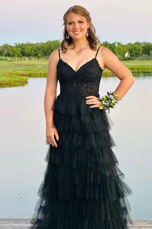 Long Black Tiered Prom Dresses V Neck Straps Beaded Appliques Lace Evening Dress