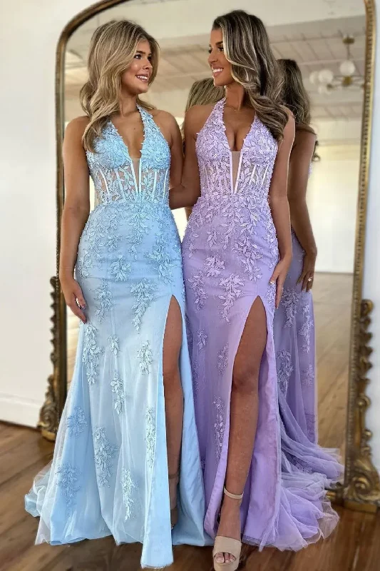 2025 Long Lace Prom Dress Violet purple Halter Evening Gown Fitted Slit