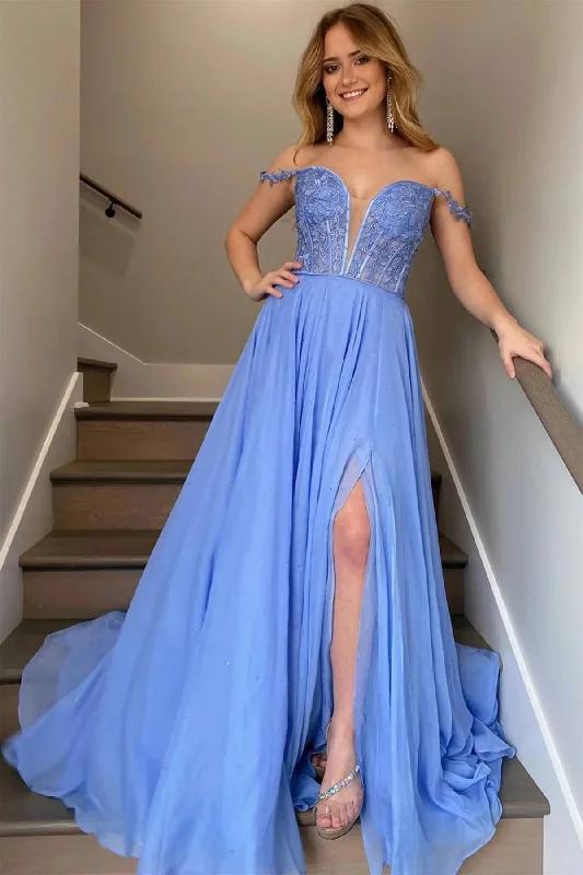 Long Prom Dresses Blue Lace Off Shoulder Evening Dress with Slit