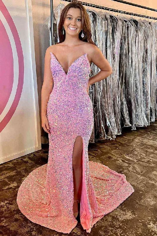 Long V-neck Pink Sequin Evening Dress UK with Slit