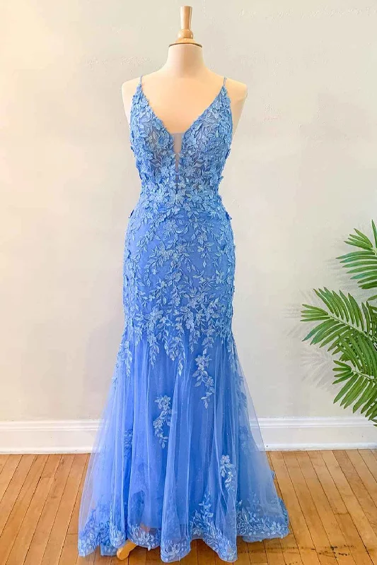 Mermaid Blue Floral Lace Prom Dress Long Evening Dress Appliques