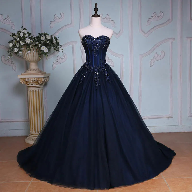 Navy Blue Quince Dresses Long Evening Dress Crystal Bead Applique