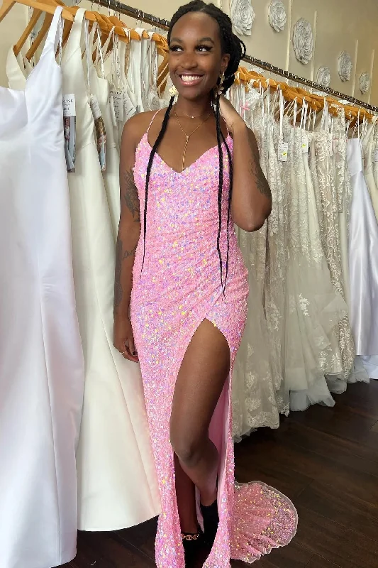 Pink Long V Neck Prom Dress Mermaid Straps Sequins Evening Dress UK with Slit