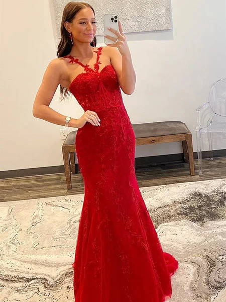 2025 Red Lace Prom Dresses Mermaid Sleeveless Formal Evening Dresses UK