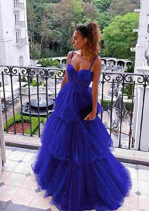 Royal Blue Evening Formal Dresses Layered Tulle Long Prom Dresses A-Line