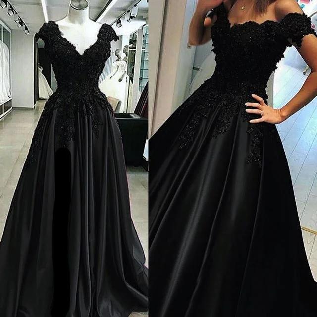 Sexy Black Lace Prom Dresses Off the Shoulder Evening Dress