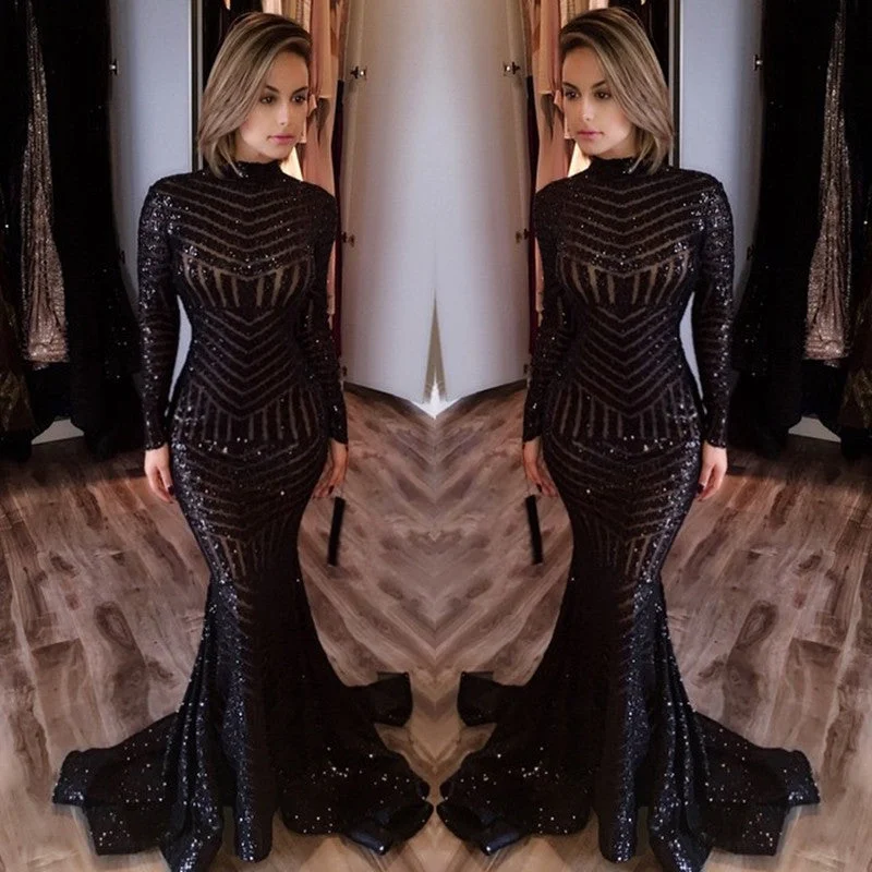 Sexy Black Mermaid High Neck Evening Gowns Long-Sleeves Sequined Prom Dress